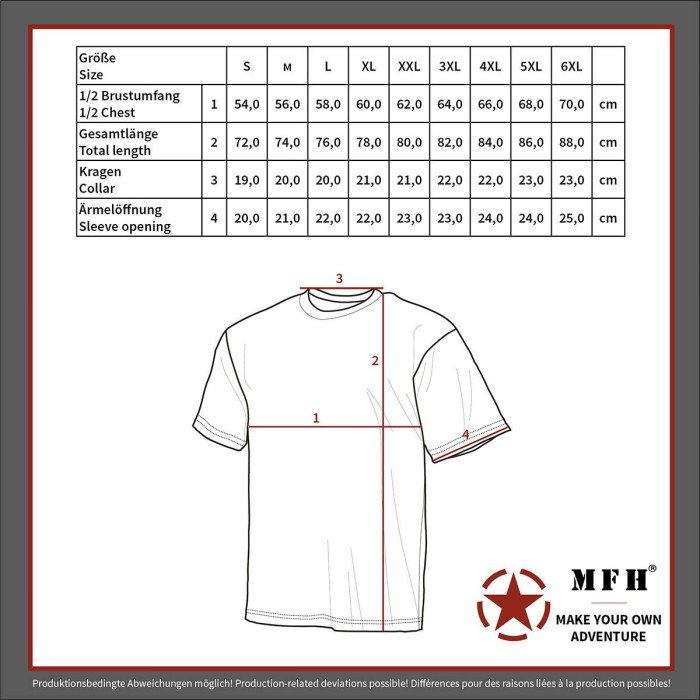 Size chart for US t-shirt, half sleeve
